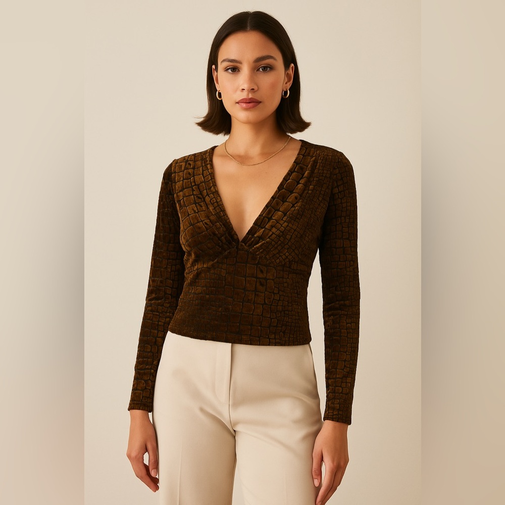 Leith Brown Croc-Embossed Top